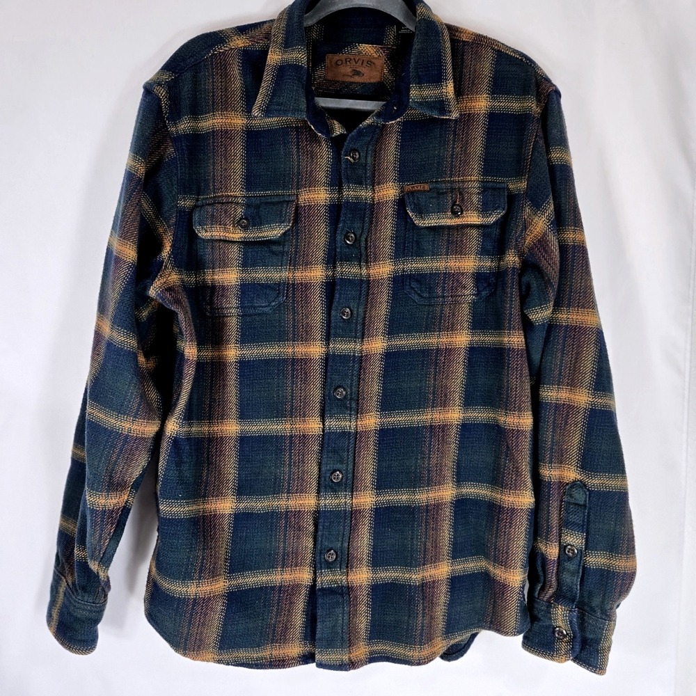 Orvis Flannel Shirt Classic Collection Plaid Button Up Long‎ Sleeve L Heavy Work